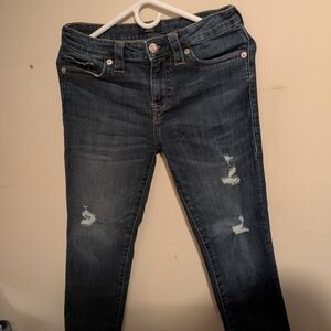 True Religion Halle Mid Rise Capri Dark Blue Distressed Jeans